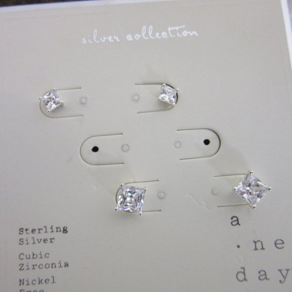 a new day Stud Earrings Sterling Silver Cubic Zirconia Square Cut Stones 2 Pairs - Picture 6 of 6